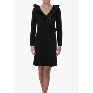 NWT LRL Ralph Lauren Little Black Dress Crepe Cincy Sheath Shift Ruffle 10 LBD